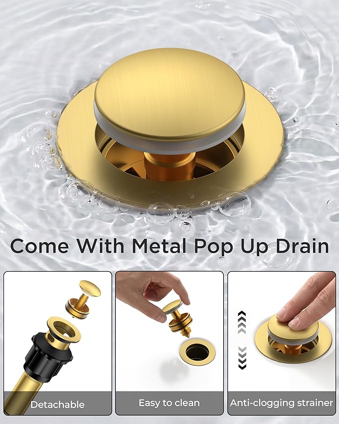 FORIOUS Gold Bathroom Faucet 3 Hole, Widespread Bathroom Sink Faucet 8 Inch with Pop Up Drain and CUPC Supply Hose, 2 Handle for Vanity Rv Commercial Lavatory Restroom