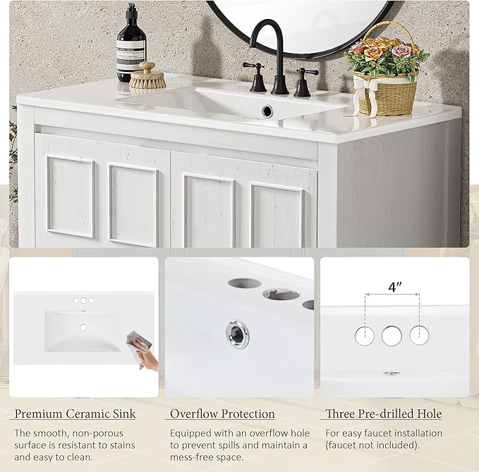 36" Bathroom Vanity,Farmhouse Vanity with Ceramic Sink, Set Bathroom Storage Cabinet, Antique White