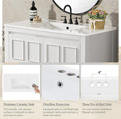 36" Bathroom Vanity,Farmhouse Vanity with Ceramic Sink, Set Bathroom Storage Cabinet, Antique White