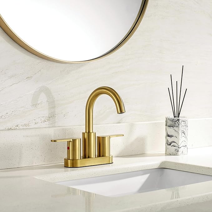 Brushed Gold 2 Handle Centerset Bathroom Sink Faucet with Drain Assembly, High Arc Modern 4 Inch Bathroom Vanity Lavatory Faucet 3 Holes with Brass 360° Swivel Spout, TAF067E-PB