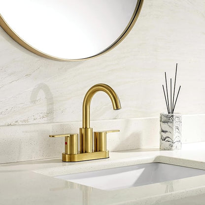 Brushed Gold 2 Handle Centerset Bathroom Sink Faucet with Drain Assembly, High Arc Modern 4 Inch Bathroom Vanity Lavatory Faucet 3 Holes with Brass 360° Swivel Spout, TAF067E-PB