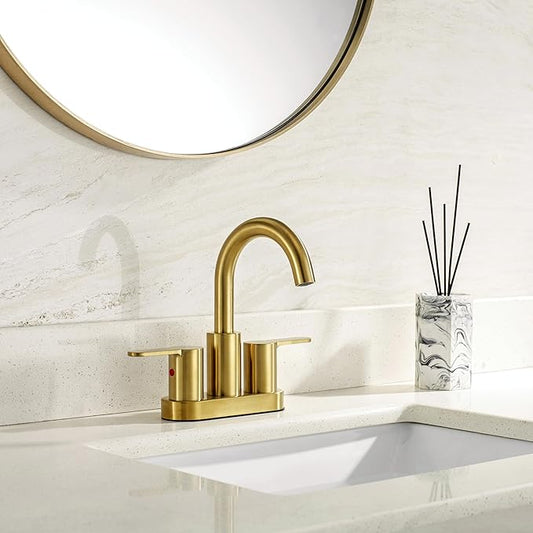 Brushed Gold 2 Handle Centerset Bathroom Sink Faucet with Drain Assembly, High Arc Modern 4 Inch Bathroom Vanity Lavatory Faucet 3 Holes with Brass 360° Swivel Spout, TAF067E-PB