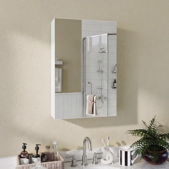 Panana Bathroom Cabinet Medicine Cabinets with Single Mirrored Door Wall Mounted Cabinet with Mirror, Storage Shelf with Adjustable Shelves Storage Organizer Kitchen Cupboard (White, 19.7x27.6 inch)