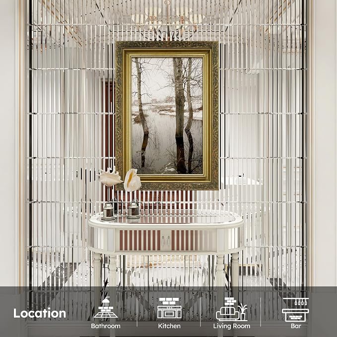 Mirror Peel and Stick Tile, 1.8 x 11.8 Inch, Beveled Mirror Strip Backsplash Tiles for Kitchen Bathroom Bar Accent Wall, Pack of 5 Sheets (Silver, 1.18x11.8 Inch)