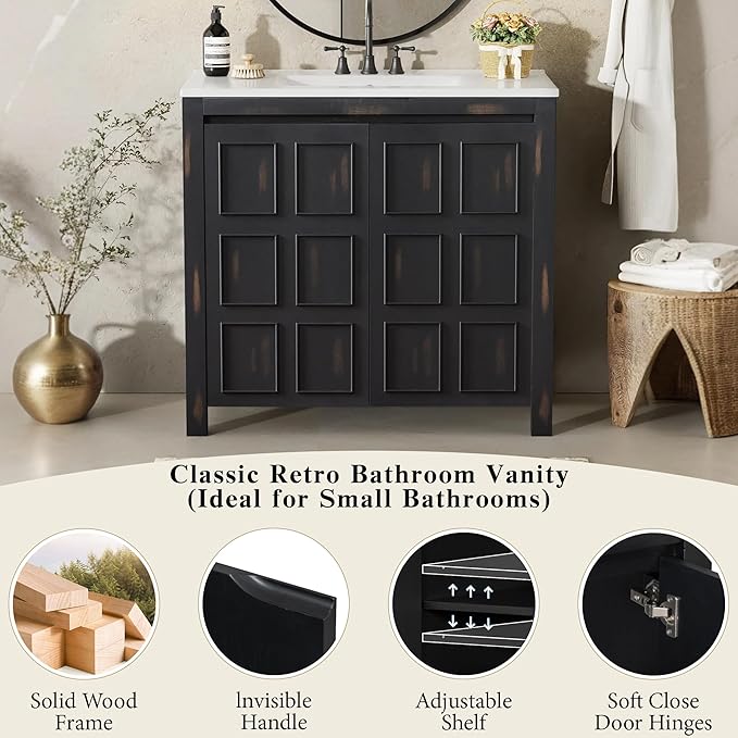 36" Bathroom Vanity,Farmhouse Vanity with Ceramic Sink, Set Bathroom Storage Cabinet, Espresso