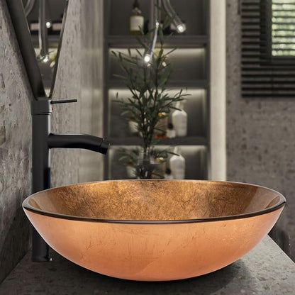 YIMAI 16" Gold Glass Vessel Sink Tempered Glass Above-Counter Bathroom Sink Bowl, Countertop Vanity Basin with Matching Faucet & Pop-Up Drain Included, Easy Install for Master or Powder Room