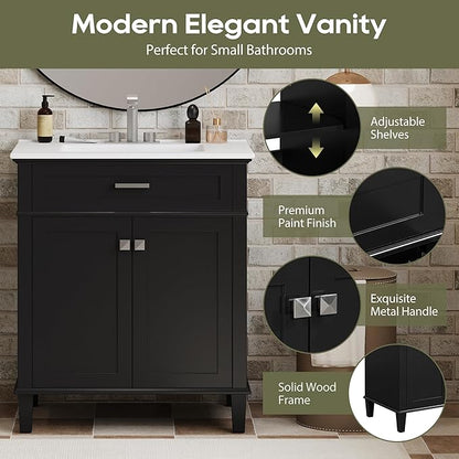 Favfurish 30" Bathroom Vanity with Ceramic Sink,Undermount Single Basin Bath Vanity Set w/2 Soft-Close Doors and Adjustable Shelf,Modern Freestanding Storage Cabinet,Solid Wood Frame,Black