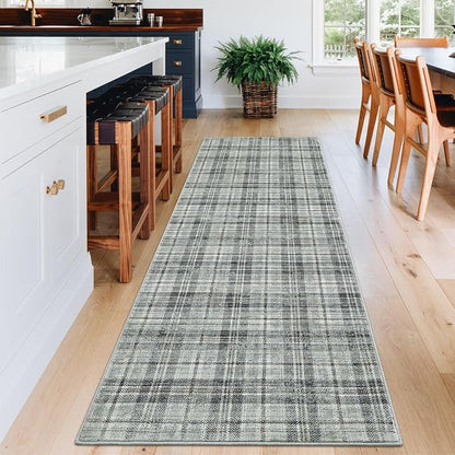 Tartan Plaid Washable Runner Rug 2.5x12 Runner Modern Kitchen Runner Non Slip Entryway Rug Soft Bathroom Rugs Stain Resistant Carpet for Laundry Bedroom Greyish Green