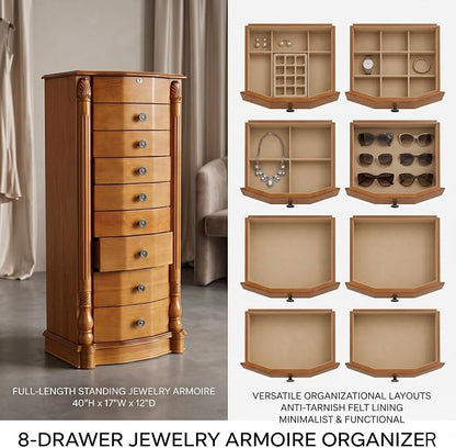Hives and Honey Roman Locking Jewelry Armoire – 8 Drawer Organizer with Mirror, Side Necklace Hooks, Ring Rolls and Anti-Tarnish Lining