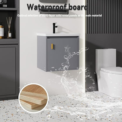 20'' Bathroom Vanity with Ceramic Sink Combo, Wall Mounted Small Bathroom Vanity with Soft-Close Door Modern Floating Cabinet, Pop-up Drain, P-Trap Included, Gray(No Faucet)