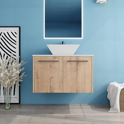 30" Floating Vanity with Sink, 30 Inch Bathroom Vanity with Sink, Modern Plywood Floating Cabinet with Sintered Stone Countertop and White Ceramic Basin, Soft Close Doors