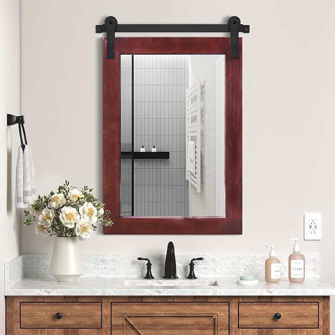 COGOOD Farmhouse Bathroom Mirrors for Over Sink - 30 x 22 Espresso | Rustic Barn Door Wood Framed Vanity Mirror for Entryway, Living Room, Bedroom, Dresser Wall Decor