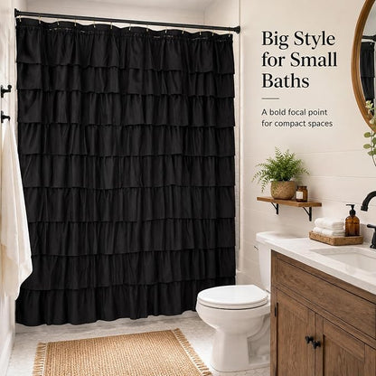 Black Ruffle Shower Curtain for Bathroom, 72x72, Cascading Layered Ruffles | Flowing Ruffle Drape, 72 x 72 inch, 7ft, 12 Plastic Hooks Included, Machine Washable, Soft Brushed Microfiber Fabric