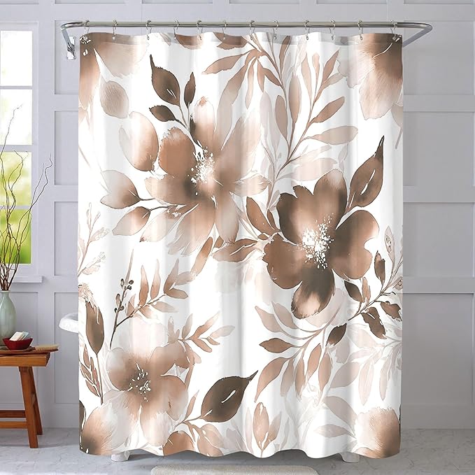 Floral Shower Curtain, Brown Watercolor Flower Shower Curtains for Bathroom, Modern Minimalist Waterproof Fabric Bath Decoration 72x84 Inch