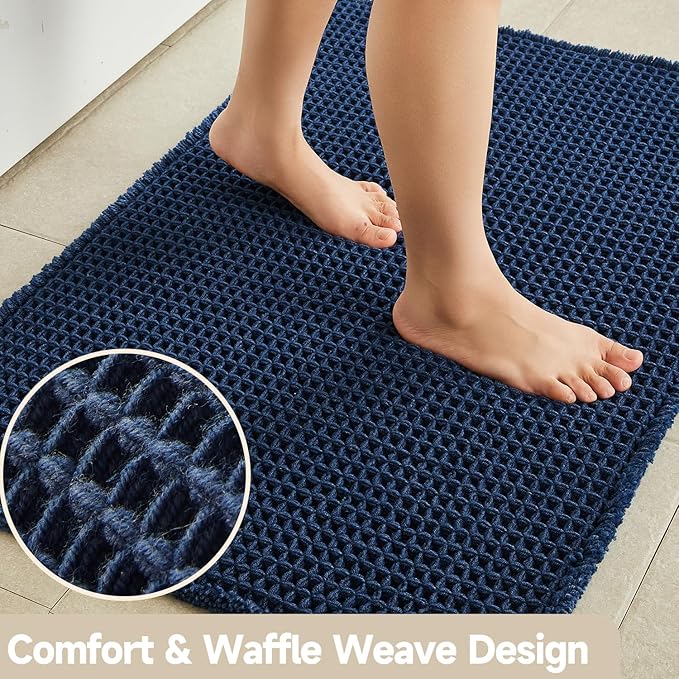 TYUU Waffle Bath Mat, Small Boho Bathroom Rugs Non Slip 24x16 Navy Blue | Super Absorbent Quick Dry Bath Rug, Non-Slip Backing, Soft Waffle Washable Farmhouse Bathroom Mats, Tub, Shower & Home Decor