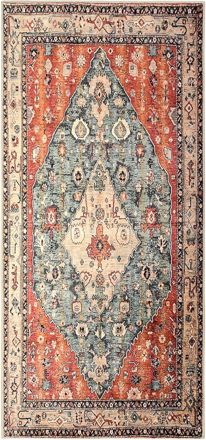 Lahome Boho Tribal 2x4.3 Washable Rug Runners for Hallways Non Slip, Kitchen Bathroom Entryway Carpet Runner, Bohemian Faux Wool Low-Pile Throw Doormat for Laundry Entrance (Rust/Dull Teal,2x4.3ft)