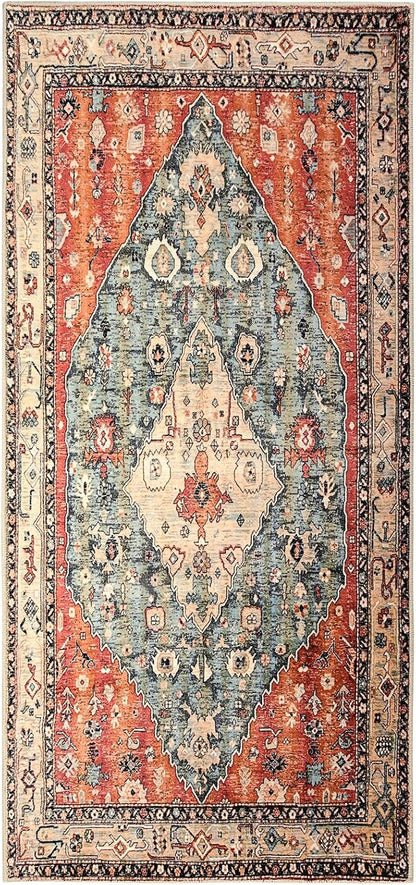 Lahome Boho Tribal 2x4.3 Washable Rug Runners for Hallways Non Slip, Kitchen Bathroom Entryway Carpet Runner, Bohemian Faux Wool Low-Pile Throw Doormat for Laundry Entrance (Rust/Dull Teal,2x4.3ft)