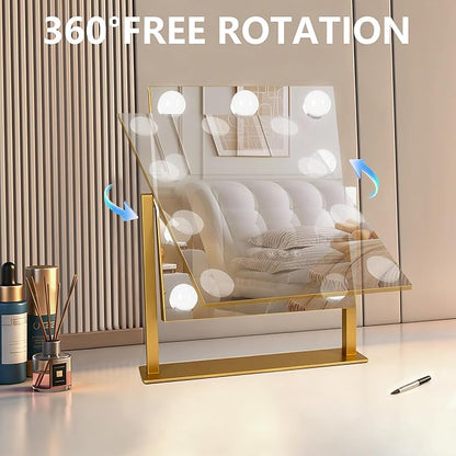 Moonee Gold Vanity Mirror with Lights, Hollywood Lighted Makeup Mirror with 9 Dimmable Bulbs and 10X Magnification 360°Rotation, 3 Colors Modes, Light Up Mirror for Tabletop（12" x 14"）