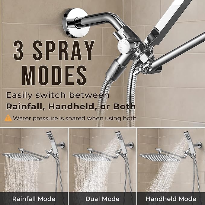 G-Promise All Metal 16" Rain Shower Head with Handheld for Bathroom Upgrade | All Metal, Built to Last, Easy Install, Adjustable Height & Angle for All Heights, Extra Long Hose, Modern Upgrade