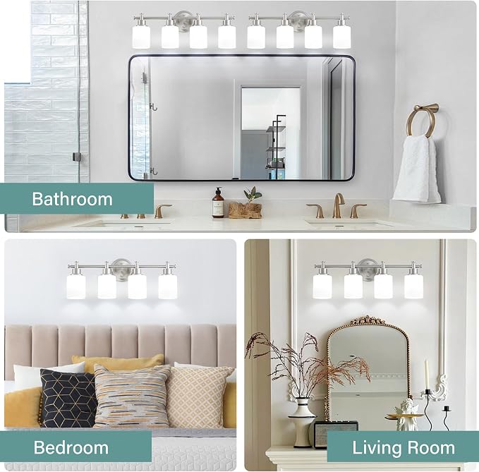4 Light Bathroom Vanity Light, 23 In Brushed Nickel Vanity Light Fixture | Modern Anti-Rust Wall Sconce over Mirror with White Frosted Glass Shade, Bathroom, Hallway, 23 In, E26(Bulbs Not Included)
