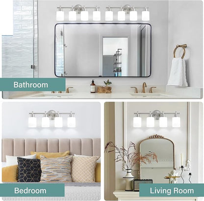 4 Light Bathroom Vanity Light, 23 In Brushed Nickel Vanity Light Fixture | Modern Anti-Rust Wall Sconce over Mirror with White Frosted Glass Shade, Bathroom, Hallway, 23 In, E26(Bulbs Not Included)