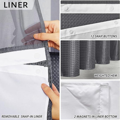 Furlinic No Hook Shower Curtain with Snap in Fabric Liner Set,Waffle Weave Heavy Duty Bathroom Curtain with See Through Window,Waterproof & Machine Washable,Hotel Style,Light Dark Grey,71x72 Inch