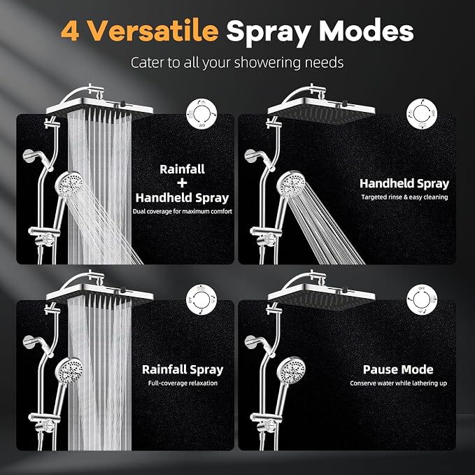 Hibbent 13'' Rain Showerhead Combo, 10 Mode Filtered Handheld Spray, Chrome | High Pressure 5-Spray Showerhead, 4-way Diverter, Upgraded Heightened All Metal Extension Arm, 71'' Hose & Holder, Easy Reach