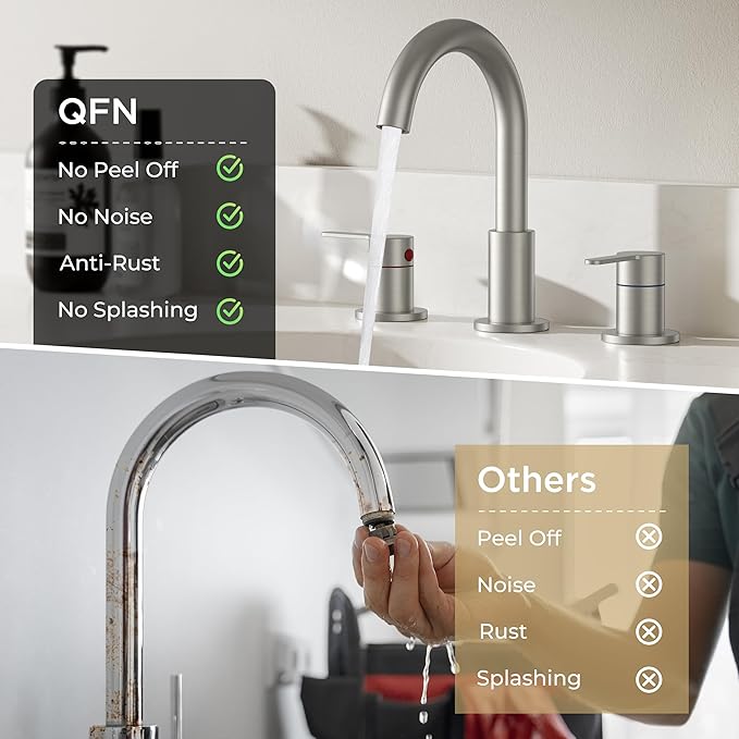 QFN Bathroom Faucets 3 Hole Brushed Nickel, 8 Inch Widespread Vanity Sink Faucet with Aerator, 2 Handle 360° Swivel High Arc Spout, Spot-Free Finish, cUPC NSF Certified and CEC & DOE Compliant