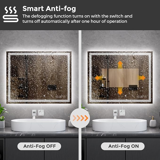 Koonmi 40x32 LED Bathroom Mirror with Light, Anti-Fog, 3 Colors | Backlit + Front Lit, Dimmable Brightness, Shatterproof HD Distortion-Free Tempered Glass, Hardware Included