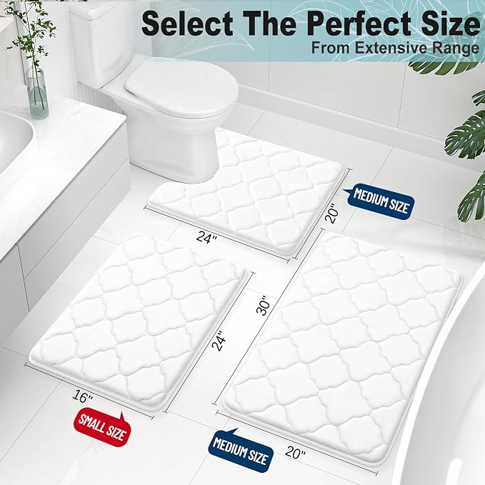 OLANLY Memory Foam Bath Mat Rug 30x20, Ultra Soft and Absorbent Bathroom Rugs, Non-Slip, Comfortable, Machine Washable Bath Carpet for Bathroom Floor, Tub, Shower and Home Decor Accessories, White