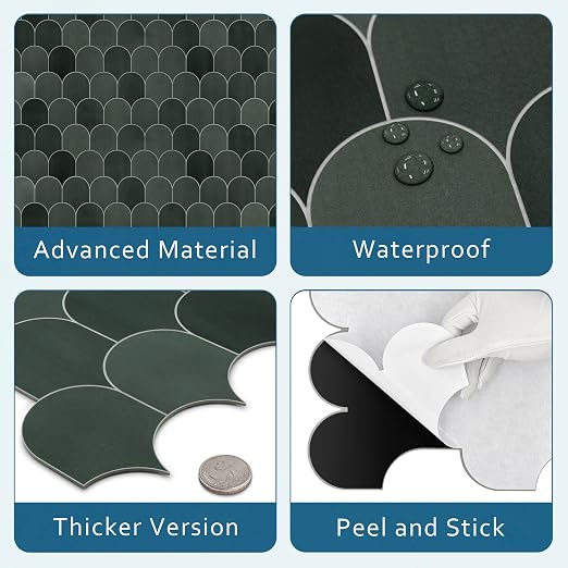 SUNWINGS 10-Sheet Fish Scale Peel and Stick Backsplash Tile, 11.4'' x 10.9" Stone Composite Scallop Handmade Looks Self-Adhesive Wall Tiles for Kitchen Bathroom, Green