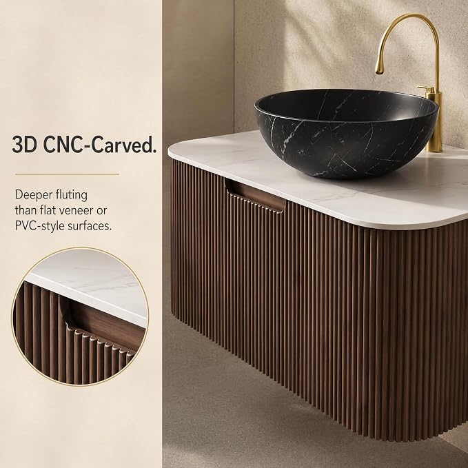 30 Inch Bathroom Vanity with Sink, Floating Wall Mounted Single Sink Vanity, Dark Walnut Curved Fluted Front, Stone Top, Black Marble Vessel Basin, Pre-Assembled