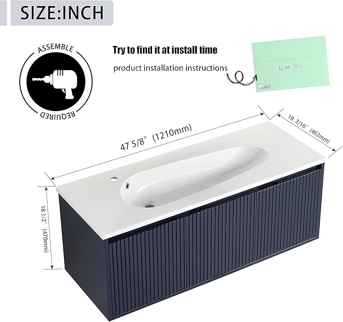 48 Inch Bathroom Vanity with Sink, 48" Floating Vanity, Premium Plywood Wooden Bathroom Cabinet with Soft Close Doors and Waterdrop-Shaped Resin Sink, Modern Wall Mounted Cabinet Set (Stripe Pattern)