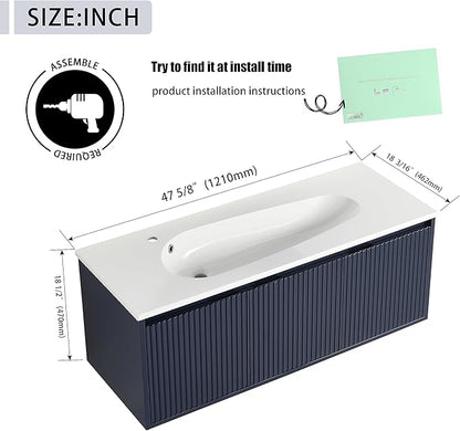 48 Inch Bathroom Vanity with Sink, 48" Floating Vanity, Premium Plywood Wooden Bathroom Cabinet with Soft Close Doors and Waterdrop-Shaped Resin Sink, Modern Wall Mounted Cabinet Set (Stripe Pattern)