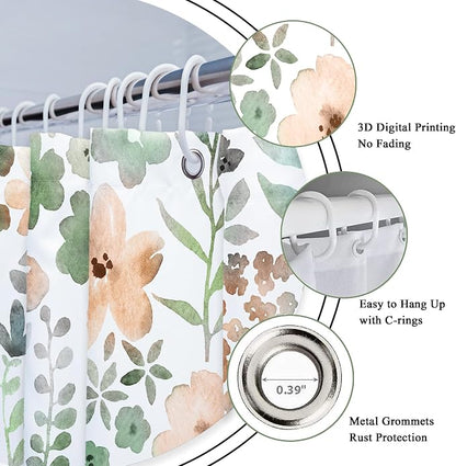 Green Gray Floral Colorful Cute Wildflower Boho Bathroom Shower Curtain Set | 72"W x 72"H Watercolor Funky; waterproof HD print, quick-dry fabric with 12 hooks for easy hanging.