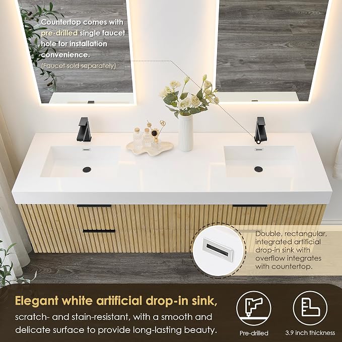 72 Inch Floating Sink Bathroom Vanity Wall Mount Double Vanities with Top | Pre-Assembled, Sturdy Solid Wood, Modern Vanity, Ceramic Sink, Large Storage Cabinet, Soft Closing Doors, Dovetail Drawers