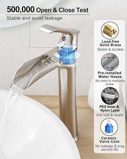 Brushed Nickel Bathroom Faucet Brass Waterfall Faucet for Bathroom Sink, Tall Vessel Sink Faucets, Vanity Faucet 1 Hole Single Handle with Pop-Up Drain Supply Hoses for Lavatory RV Farmhouse