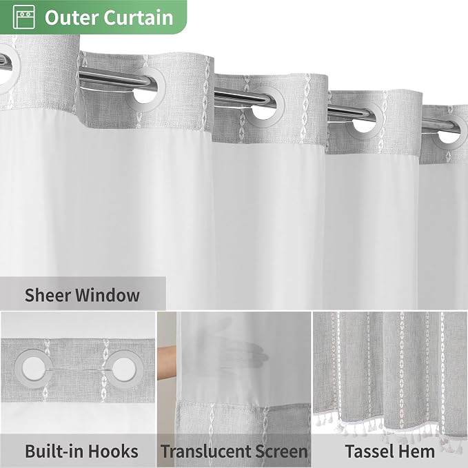 eachope No Hook Extra Long Shower Curtain Set with Snap-in Liner,Linen Textured Thick Striped Fabric with Tassels,Boho Chic Modern Farmhouse Bathroom Curtain,Water-Repellent,Grey/Gray,71x86 | 330GSM Thick Linen Textured Striped Fabric with Tassels,Snap...