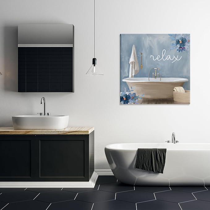 Blue Floral Bathroom Relaxation, 30 x 30 Inch Canvas Wall Art | Stupell Industries · By Kim Allen · Ready to hang · Calm bath and laundry decor · Made in USA