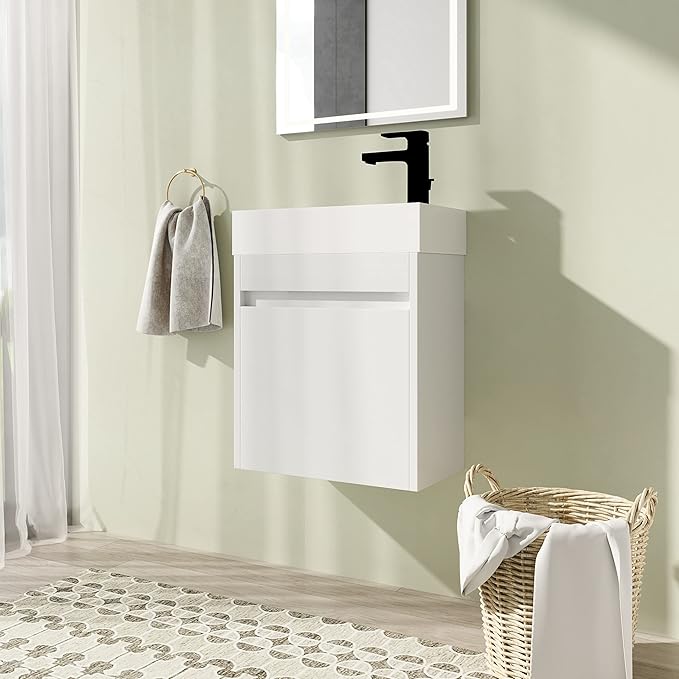 18" Bathroom Vanity with Sink, 18 Inch Floating Bathroom Vanity for Small Space, Modern Bathroom Vanity, White Wall Mounted Cabinet Set（005）