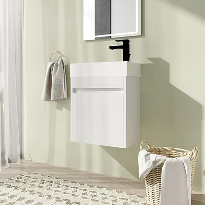 18" Bathroom Vanity with Sink, 18 Inch Floating Bathroom Vanity for Small Space, Modern Bathroom Vanity, White Wall Mounted Cabinet Set（005）
