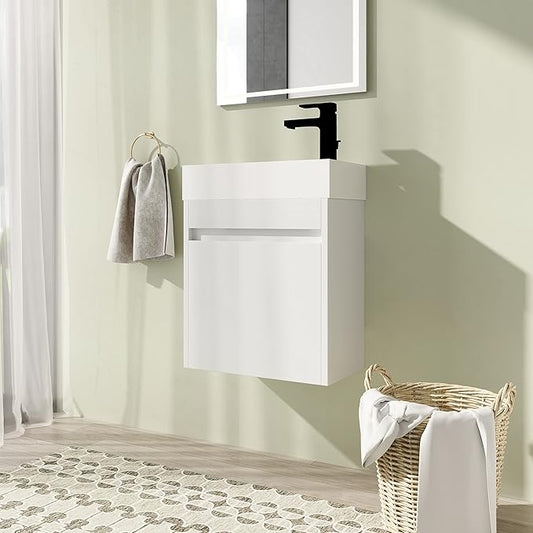 18" Bathroom Vanity with Sink, 18 Inch Floating Bathroom Vanity for Small Space, Modern Bathroom Vanity, White Wall Mounted Cabinet Set（005）