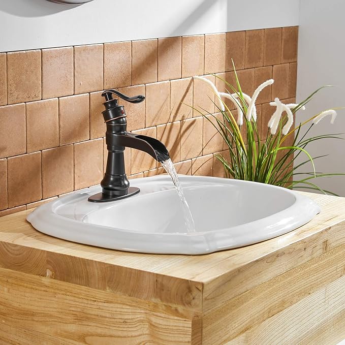 BWE Bathroom Sink Faucet Oil Rubbed Bronze Waterfall Bathroom Faucets for Sink 1 Hole Single with Pop Up Drain Assembly and Supply Hose Single Handle Farmhouse Vanity Bath Faucet