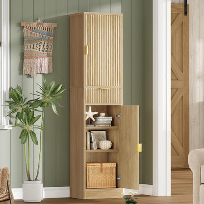 TEENFON 67″ Storage Cabinet with 1 Drawer and 2 Doors,Tall Bathroom Storage Cabinet with Adjustable Shelves, Rattan Fluted Cabinet for Bathroom, Living Room, Kitchen, Natural Oak