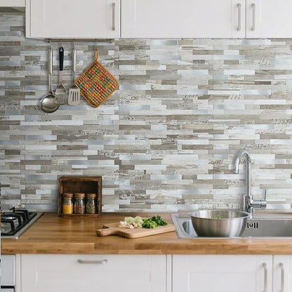 AULIGET Peel and Stick Backsplash, Coffee & Brown Wood Look PVC Mixed Metal Stick on Bathroom Backsplash, 2