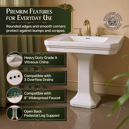 Renovators Supply Manufacturing Victorian 32" W x 34.5" H x 22" Proj. Large White Bathroom Pedestal Sink, Vitreous China, with Overflow, Compatible with 8 in. Widespread Faucets