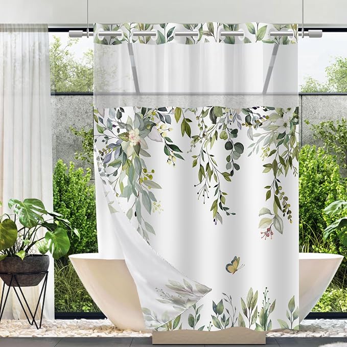No Hook Shower Curtain and Liner Set, Sage Green Eucalyptus 54x80 | Floral Design, with Snap in Liner, Waterproof, Machine Washable, Quick-Drying, for Hotel Bathroom
