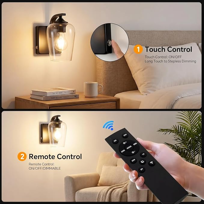 Battery Operated Wall Sconce, Rechargeable Magnetic Wall Lamp with Remote Control, Dimmable LED Bulb & Clear Glass Shade, Wireless Light for Bedroom Bathroom Hallway Farmhouse Decor