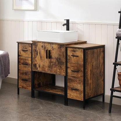 UEV 48" Rustic Brown Bathroom Vanity with Sink Combo,Industrial Iron Frame Bathroom Cabinet Sets with Double 3 Drawers Side Cabinet,Modern Artistic Ceramic Vessel Sink(031WH)