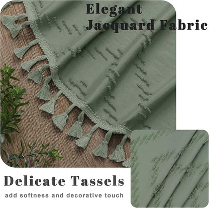 Extra Long Sage Green Boho Shower Curtain, Chic Tufted Chevron Striped Textured Cloth Fabric Shower Curtains with Tassel for Bathroom, Soft Hotel Style Farmhouse, Machine Washable, 72x96